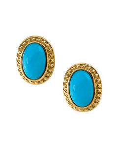 Genuine Cab Turquoise Earring 14K Yellow Gold Pair 11X7 Genuine Cab Turquoise Earring