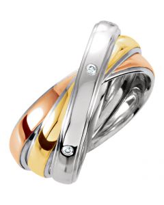 Tri-Tone .06 ct tw Diamond Triple Rolling Ring Band Sterling Silver Yellow and Rose Gold