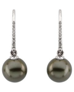 Tahitian Pearl And Diamond Earring 14K White Gold Pair 10.00 Mm Near Round/ 1/8 Cttw;P;Tahitian Pearl And Diamond Earring
