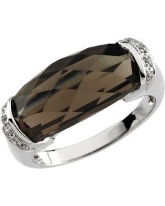 Genuine Checkerboard Smoky Quartz And Diamond Ring 14K White Gold 17.00X08.00/.04 Ct Tw