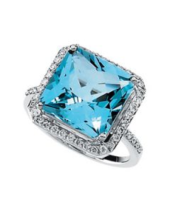 Genuine Swiss Blue Topaz And Diamond Ring 14K White Gold 1/2 Ct Tw 12.00X12.00