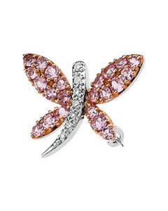 14Kw/Rose Rhodium Plated Genuine Pink Sapphire And Diamond Brooch 14K White Gold .06 Ct Tw