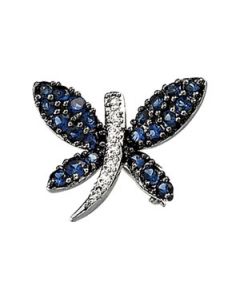 14Kw/Black Rhodium Plated Genuine Blue Sapphire And Diamond Brooch 14K White Gold .06 Ct Tw