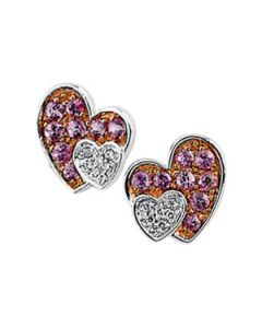 14Kw/Rose Rhodium Plated Genuin Pink Sapphire And Diamond Earring 14K White Gold Pair .07 Ct Tw