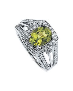 Genuine Peridot And Diamond Ring 14K White Gold 