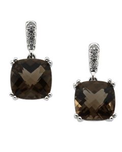 Genuine Smoky Quartz And Diamond Earring 14K White Gold 