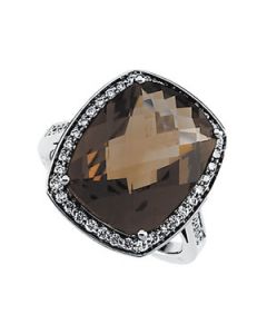 Genuine Smoky Quartz And Diamond Ring 14K White Gold 1/2 Cttw/16.00X13.00 Genuine Smoky Quartz And Diamond Ring