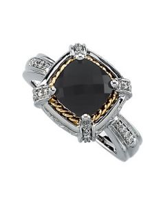 Genuine Onyx And Diamond Ring 14K White/18K Yellow Gold 