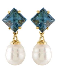South Sea Cultured Pearl And Genuine London Blue Topaz Earrings 18K Yellow Gold 