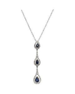 Genuine Sapphire And Diamond Necklace 14K White Gold 1/5 Ct Tw