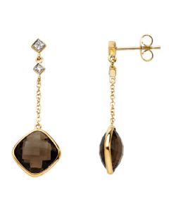 Genuine Checkerboard Smoky Quartz And Diamond Earrings 14Ky W/White Rhodium Gold 14K Y/W Rhodium;Pair .05 Ct Tw Pair