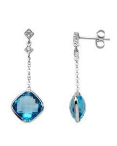 Genuine Checkerboard Swiss Blue Topaz And Diamond Earring 14K White Gold Pair .05 Ct Tw;P;Genuine Checkerboard Swiss Blue Topaz And Diamond Earring