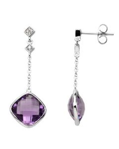 Genuine Checkerboard Amethyst And Diamond Earring 14K White Gold Pair .05 Ct Tw;P;Genuine Checkerboard Amethyst And Diamond Earring