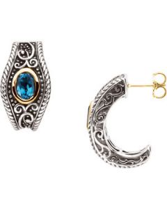 Genuine Swiss Blue Topaz Earrings Sterling Silver & 14K Yellow Gold Pair 07.00X05.00 Mm Genuine Swiss Blue Topaz Earrings