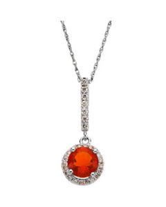 Genuine Mexican Fire Opal And Diamond Pendant 14K White Gold 1/5 Ct Tw