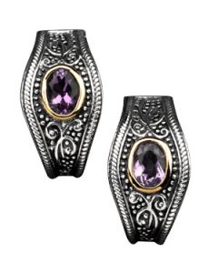Genuine Amethyst Earrings Sterling Silver & 14K Yellow Gold Pair 07.00X05.00 Mm Genuine Amethyst Earrings