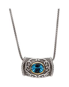 Genuine Swiss Blue Topaz Necklace Sterling Silver & 14K Yellow Gold 10.00X08.00 Mm Genuine Swiss Blue Topaz Necklace