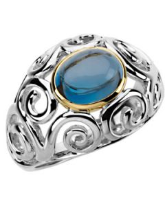 Genuine Cabochon London Blue Topaz Ring Sterling Silver & 14K Yellow Gold 