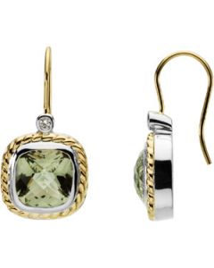 Genuine Checkerboard Green Quartz & Diamond Earrings 14K White/Yellow Gold Pair 10.00X10.00Mm/ .06 Ct Tw