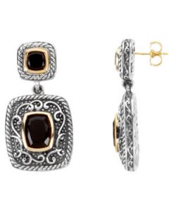 Genuine Onyx Earrings Sterling Silver & 14K Yellow Gold Pair 09.00X07.00Mm/05.00Mm