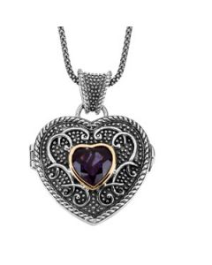 Genuine Amethyst Heart Locket Necklace Sterling Silver & 14K Yellow Gold 10.00 Mm Genuine Amethyst Heart Locket Necklace