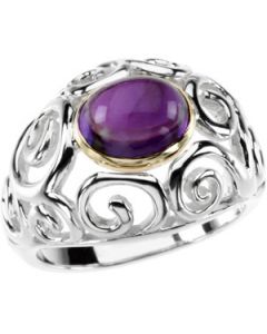 Genuine Cabachon Amethyst Ring Sterling Silver & 14K Yellow Gold 
