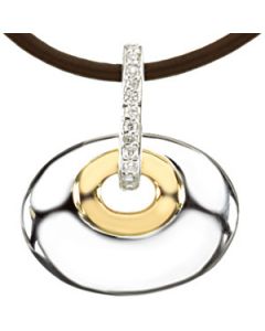 Diamond Pendant On 18 Brown Leather Cord Sterling Silver & 14K Yellow Gold .07 Ct Tw