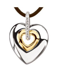Diamond Heart Pendant On 18 Brown Leather Cord Sterling Silver & 14K Yellow Gold .07 Ct Tw