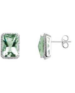 Genuine Checkerboard Green Quartz And Diamond Earrings 14K White Gold Pair 1/3 Ct Tw/12.00X08.00 Mm;P;Genuine Checkerboard Green Quartz And Diamond Earrings