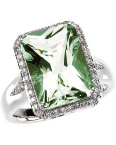 Genuine Checkerboard Green Quartz And Diamond Ring 14K White Gold 1/4 Ct Tw/14.00X10.00 Mm;P;Genuine Checkerboard Green Quartz And Diamond Ring