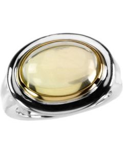 Genuine Cabochon Lime Quartz Ring Sterling Silver & 14K Yellow Gold 14.00X10.00 Mm