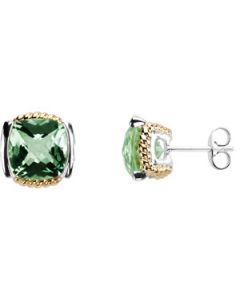 Genuine Checkerboard Green Quartz Earrings 14K Yellow & Sterling Silver Gold Pair 10.00Mmx10.00Mm