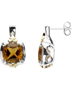 Genuine Honey Quartz Earrings 14K Yellow & Sterling Silver Gold Pair 10.00Mmx10.00Mm Genuine Checkerboard Honey Citrine Earrings