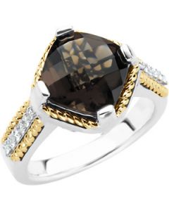 Genuine Smoky Quartz And Diamond Ring Sterling Silver & 14K Yellow Gold 10.00X10.00 Mm/ 1/6 Ct Tw;P;Genuine Smoky Quartz And Diamond Ring