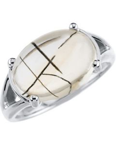 Genuine Tourmalinated Quartz Ring 18K White Gold 14.00X10.00 Mm