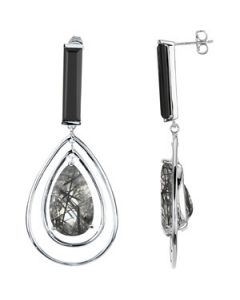 Genuine Onyx And Black Tourmalinated Quartz Earrings Sterling Silver & 14K White Gold Pair 20.00X05.00Mm