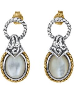 Genuine Mother Of Pearl Earrings Sterling Silver & 14K Yellow Gold Pair 09.00X07.00 Mm