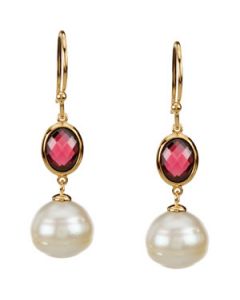 Freshwater Cultured Circle Pearl & Genuine Rhodolite Garnet Earrings 14K Yellow Gold Pair 11.00 Mm-12.00 Mm Circle/09.00X07.00 Mm;P;Freshwater Cultured Circle Pearl Adn Genuine Rhodolite Garnet Earrings