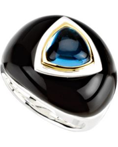 Genuine Swiss Blue Topaz & Onyx Dome Ring Sterling Silver & 18K Yellow Gold Size 7.50/8X8Mm