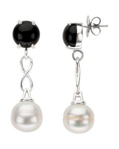 Freshwater Cultured Pearl And Genuine Onyx Earrings Sterling Silver  Pair 11.00-12.00 Mm Circle/ 10.00 Mm Freshwater Cultured Pearl And Genuine Onyx Earrings