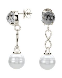 Freshwater Cultured Pearl And Genuine Tourmalinated Quartz Earrings Sterling Silver  Pair 11.00-12.00 Mm Circle/10.00 Mm Freshwater Cultured Pearl And Genuine Tourmalinated Quartz Earrings