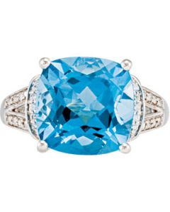Genuine Blue Topaz & Diamond Ring 14K White Gold 1/6 Cttw/12X12Mm Genuine Swiss Blue Topaz & Diamond Ring