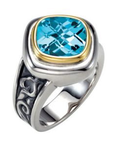 Genuine Checkerboard Skyblue Topaz Ring Sterling Silver & 14K Yellow Gold 10.00X10.00 Mm Genuine Checkerboard Sky Blue Topaz Ring