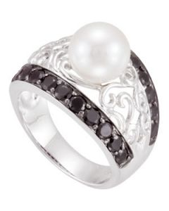 Freshwater Cultured Pearl Genuine Black Spinel Ring Sterling Silver  8.5-9Mm/2.5Mm Freshwater Cultured Pearl Genuine Black Spinel Ring