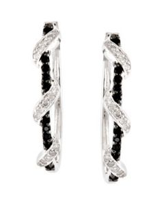 Genuine Black Spinel & Diamond Hoop Earrings Sterling Silver  Pair 1/5 Ct Tw/25Mm Genuine Black Spinel And Diamond Hoop Earrings