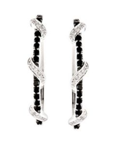 Genuine Black Spinel & Diamond Hoop Earrings Sterling Silver  Pair 1/4 Ct Tw/29Mm Genuine Black Spinel And Diamond Hoop Earrings