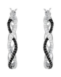 Genuine Black Spinel & Diamond Hoop Earrings Sterling Silver  Pair/1/5 Ct Tw Genuine Black Spinel & Diamond Hoop Earrings
