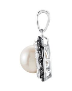 Freshwater Cultured Pearl & Black And White Diamond Pendant 14K White Gold 07.00-07.50 Mm/1/6 Ct Tw  Freshwater Cultured Pearl & Black And White Diamond Pendant