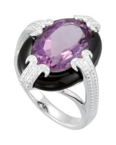 Genuine Amethyst &Onyx Ring Sterling Silver  14.00X10.00Mm Genuine Amethyst & Onyx Ring