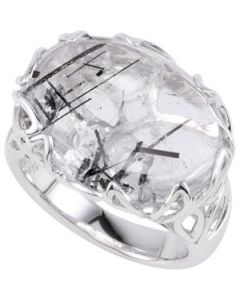 Genuine Tourmalinated Quartz Ring Sterling Silver  7 /20X15;Genuine Tourmalinated Quartz Ring